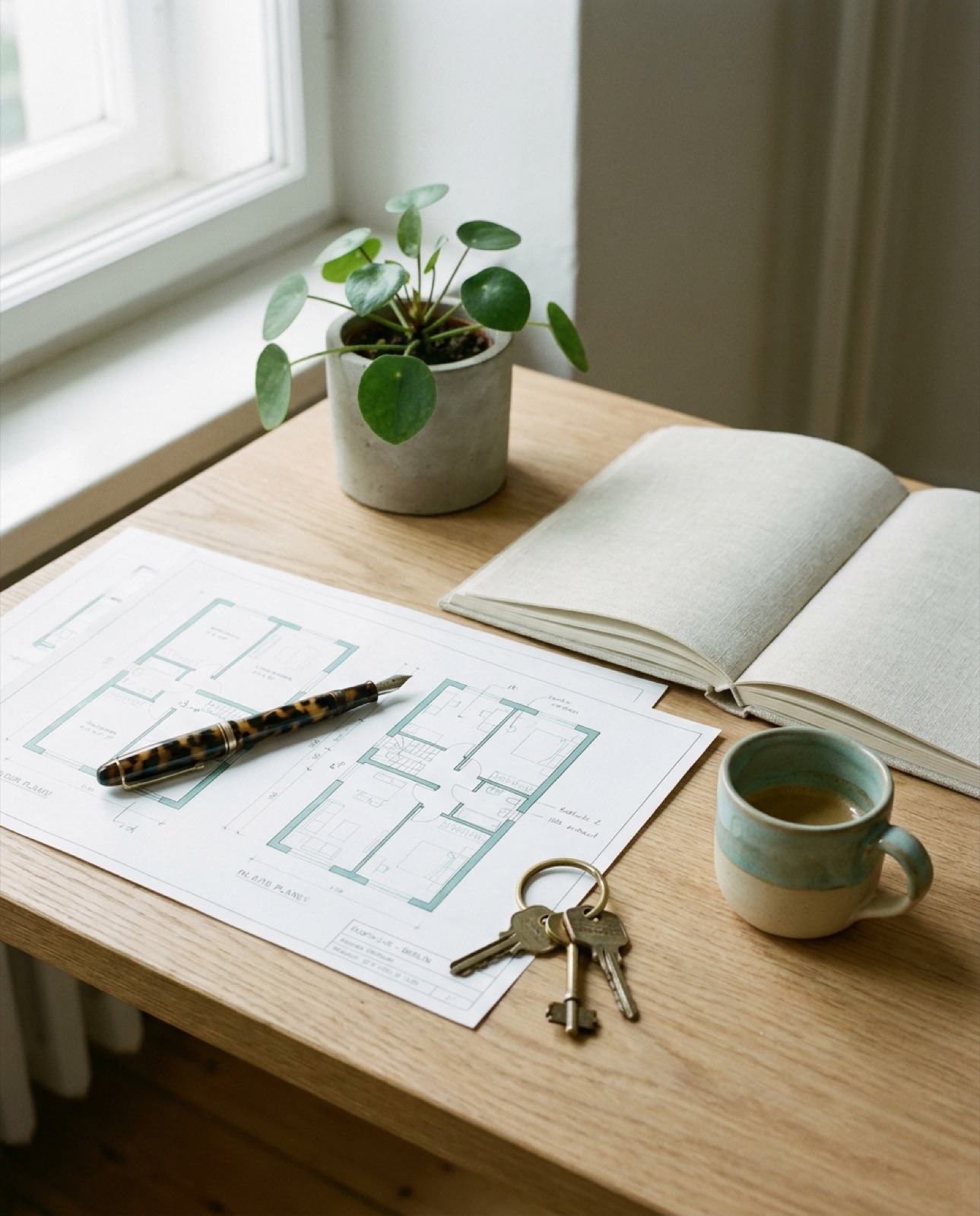 Arbeitsplatz mit Grundrissen, Schlüsseln und Notizbuch